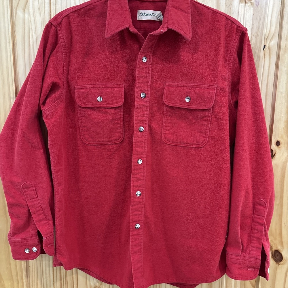 St Johns Bay Shirt Mens Large Red Chamois 100% Cotton Made USA Vintage 90s